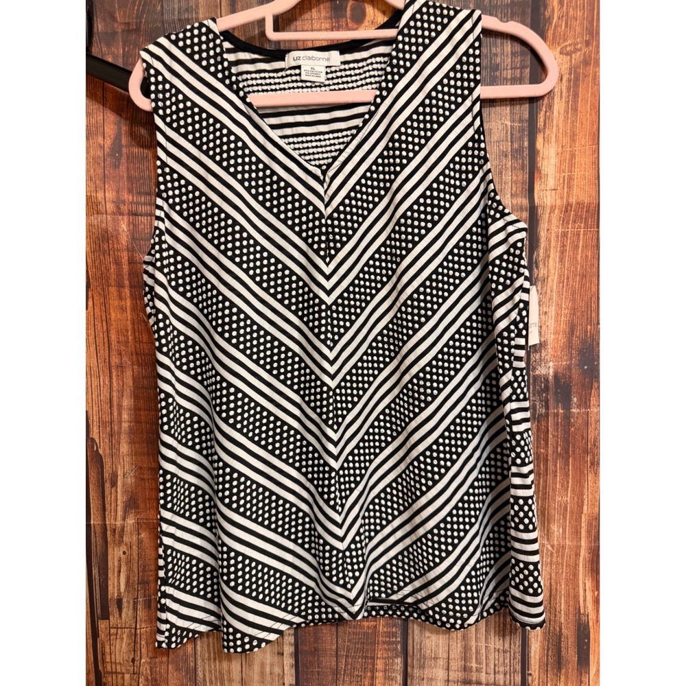 Liz Claiborne Black White Striped Polka Dot Sleeveless V-Neck Blouse XL NWT